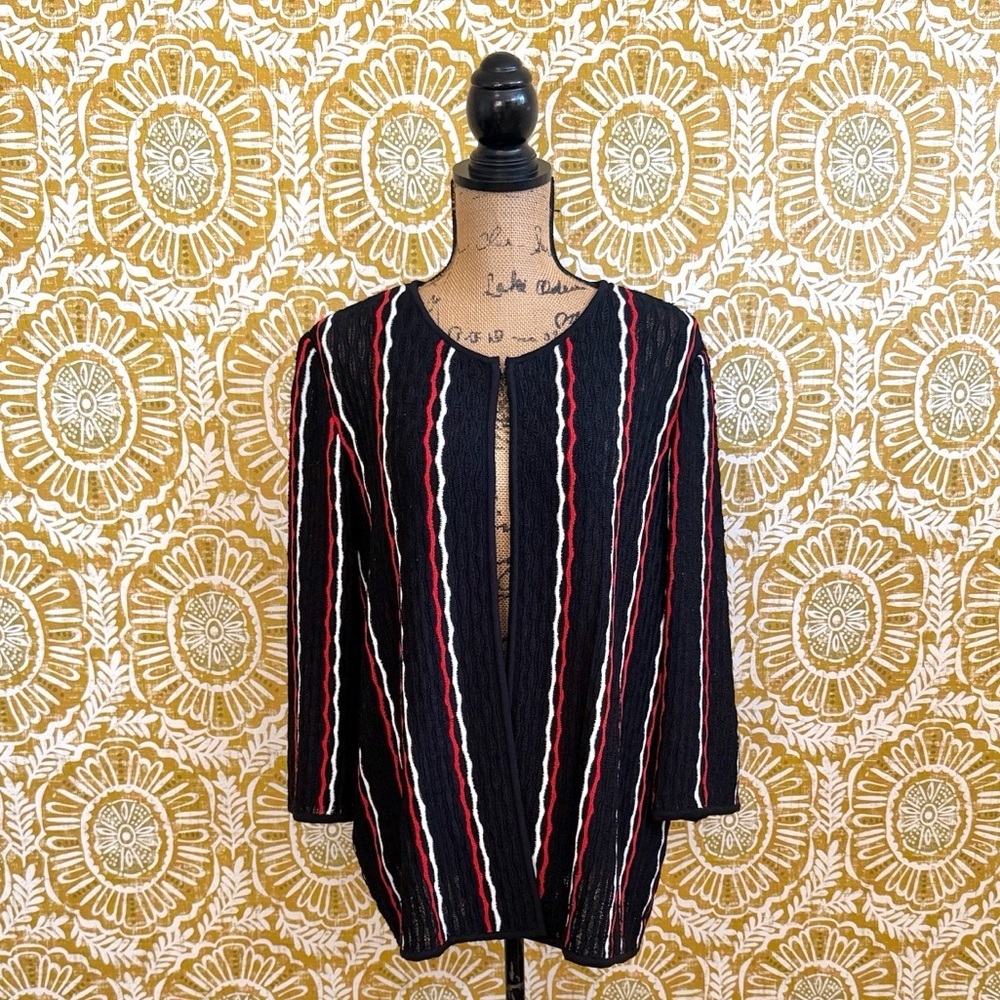 Misook Multicolor Striped Knit 3/4 Sleeve Open Front Cardigan Sz L